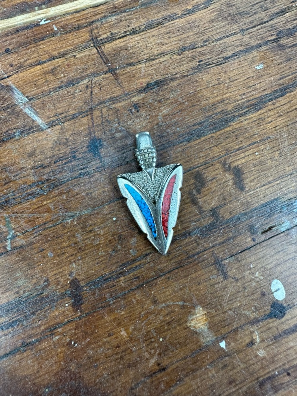 Vintage Southwest Turquoise and Coral Inlay Arrowhead Pendant